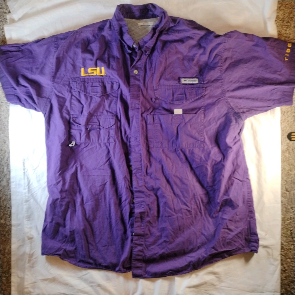 COLUMBIA PFG Shirt/Top PURPLE/GOLD Vented‎ Back LSU TIGERS Button Up sz XL
